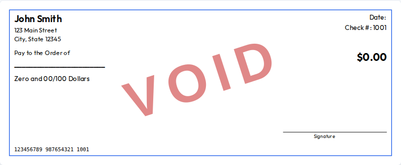 Example of a voided check with "VOID" written diagonally across it in red, payee and amount left blank, with the routing number, account number, and check number still visible along the bottom